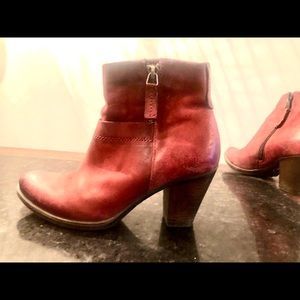Red Distressed Leather Ankle Boots with Brown Heel